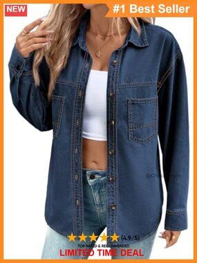 Oversized Long Sleeve Button Down Denim Shirt Patch Pocket Casual Blouse